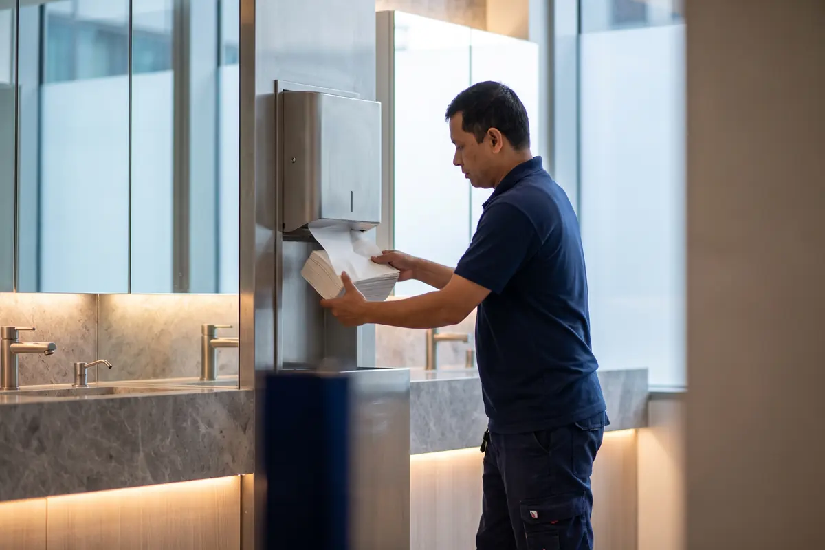 A day porter restocking a paper dispenser in a modern corporate washroom