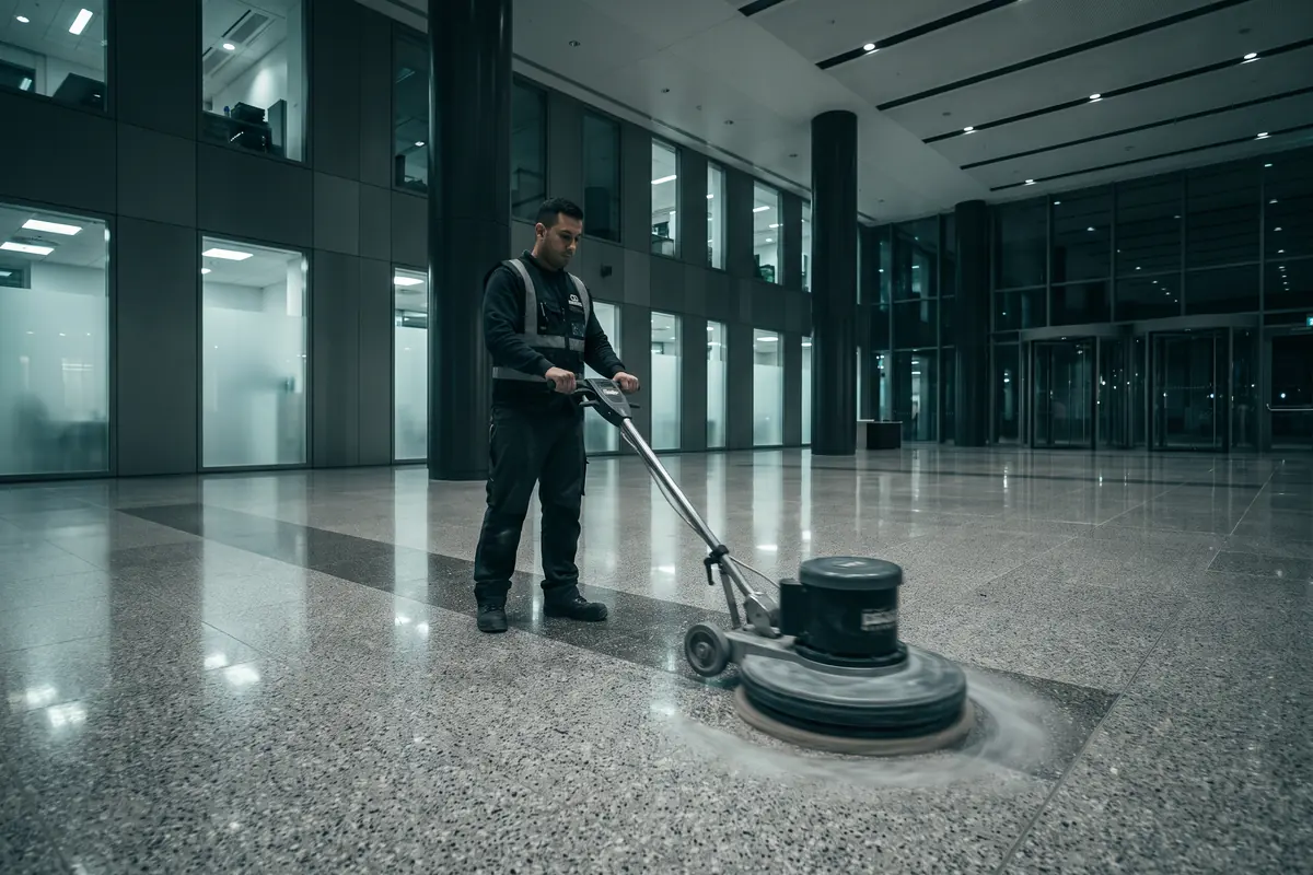 A floor care technician operating a rotary burnisher on polished terrazzo in a corporate lobby at night