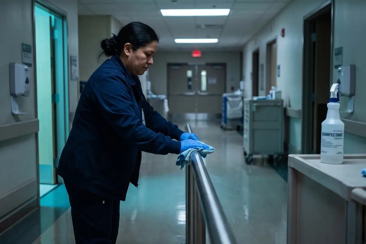 A technician in nitrile gloves disinfecting a stainless handrail in a hospital corridor at night