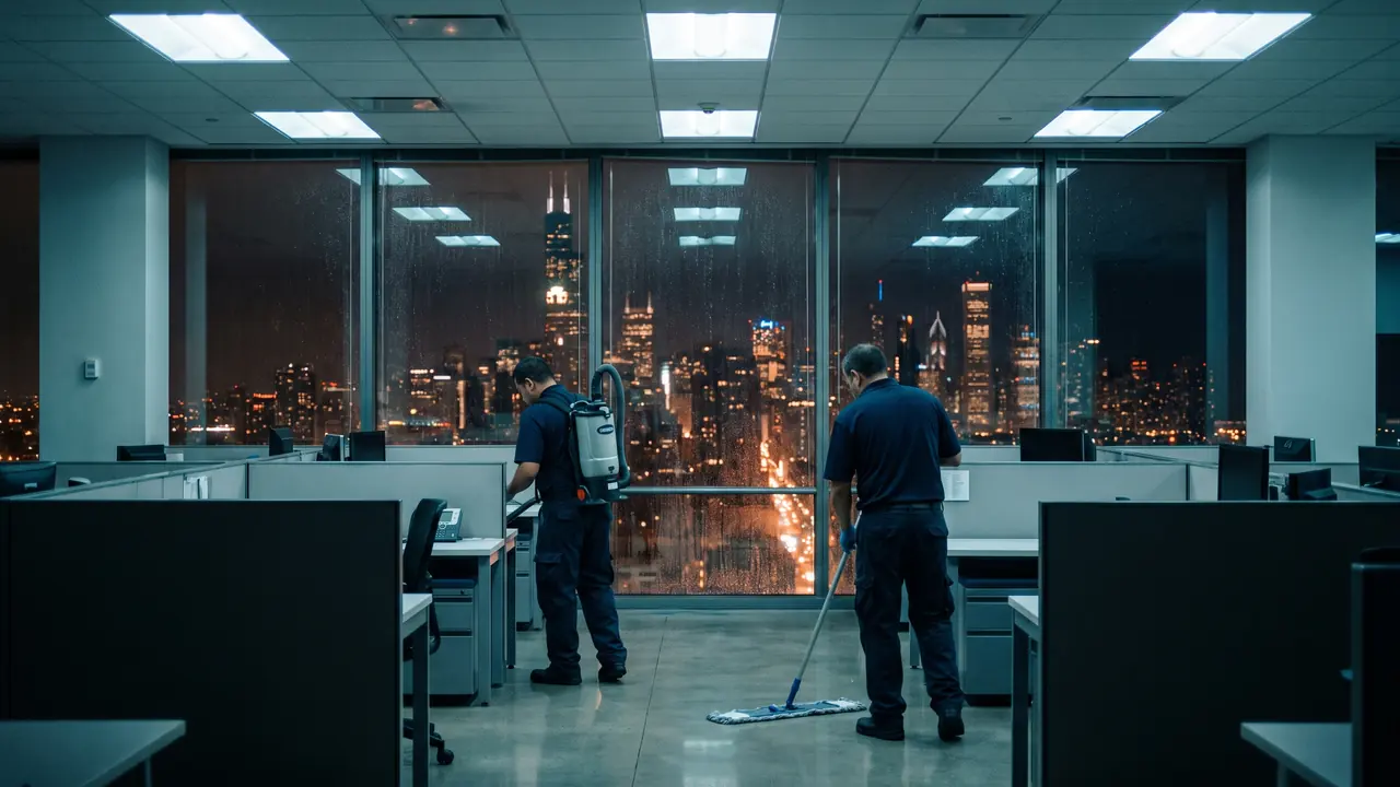 Two uniformed janitorial technicians cleaning an empty Chicago office floor at night, with the lit city skyline behind floor to ceiling windows
