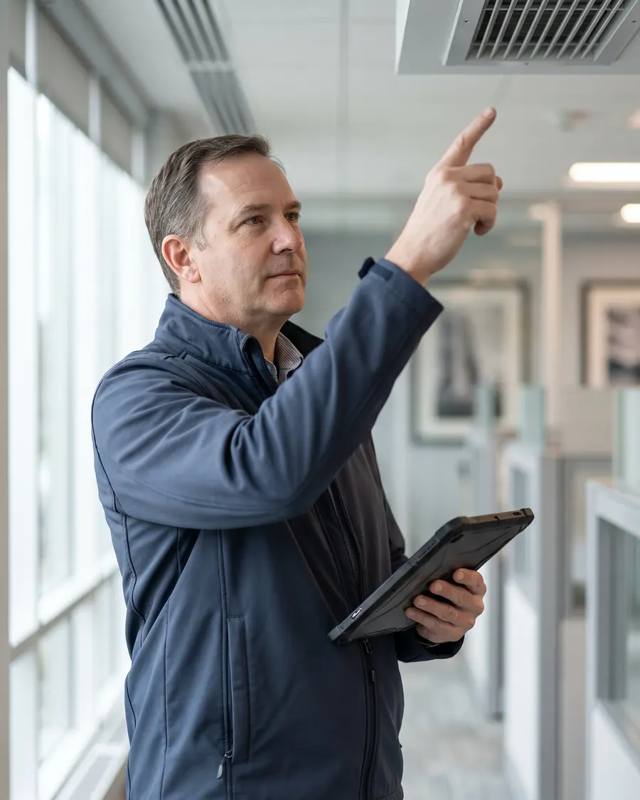 A quality assurance supervisor in a navy jacket holding a rugged tablet during an inspection walkthrough in a corporate corridor