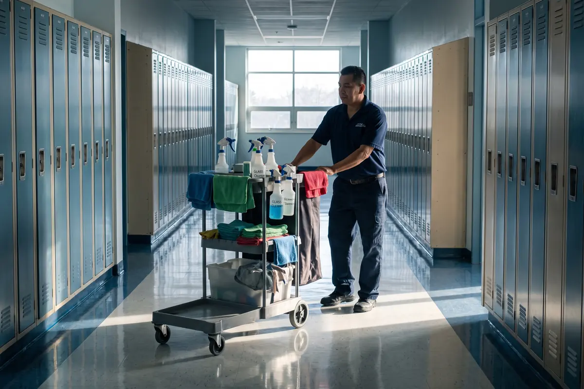 A day porter pushing a janitorial cart with colour coded microfibre cloths through a school corridor early in the morning
