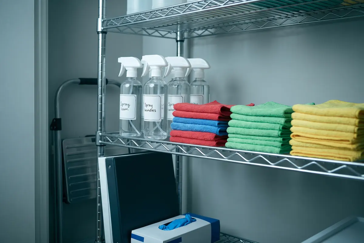 A janitorial supply cart with colour coded microfibre cloths, labelled spray bottles and a safety data sheet binder