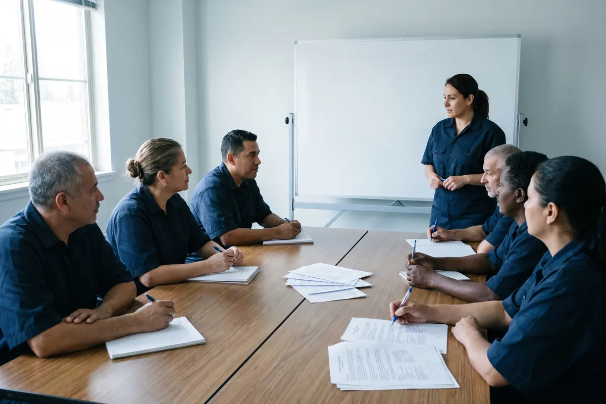 A supervisor leading a safety training session for six commercial cleaning staff in a plain meeting room