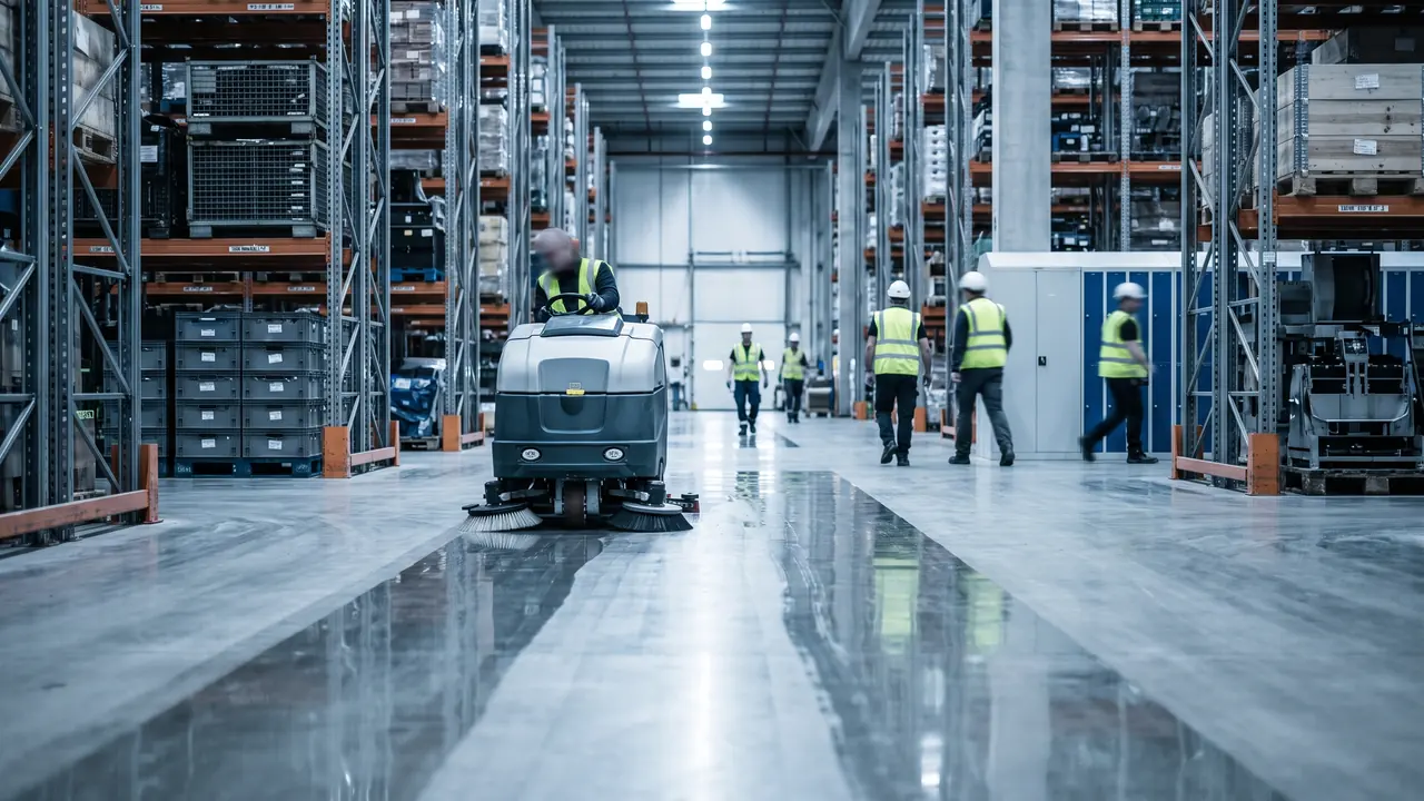 A ride on floor scrubber cleaning a wide concrete aisle between tall pallet racking in a warehouse